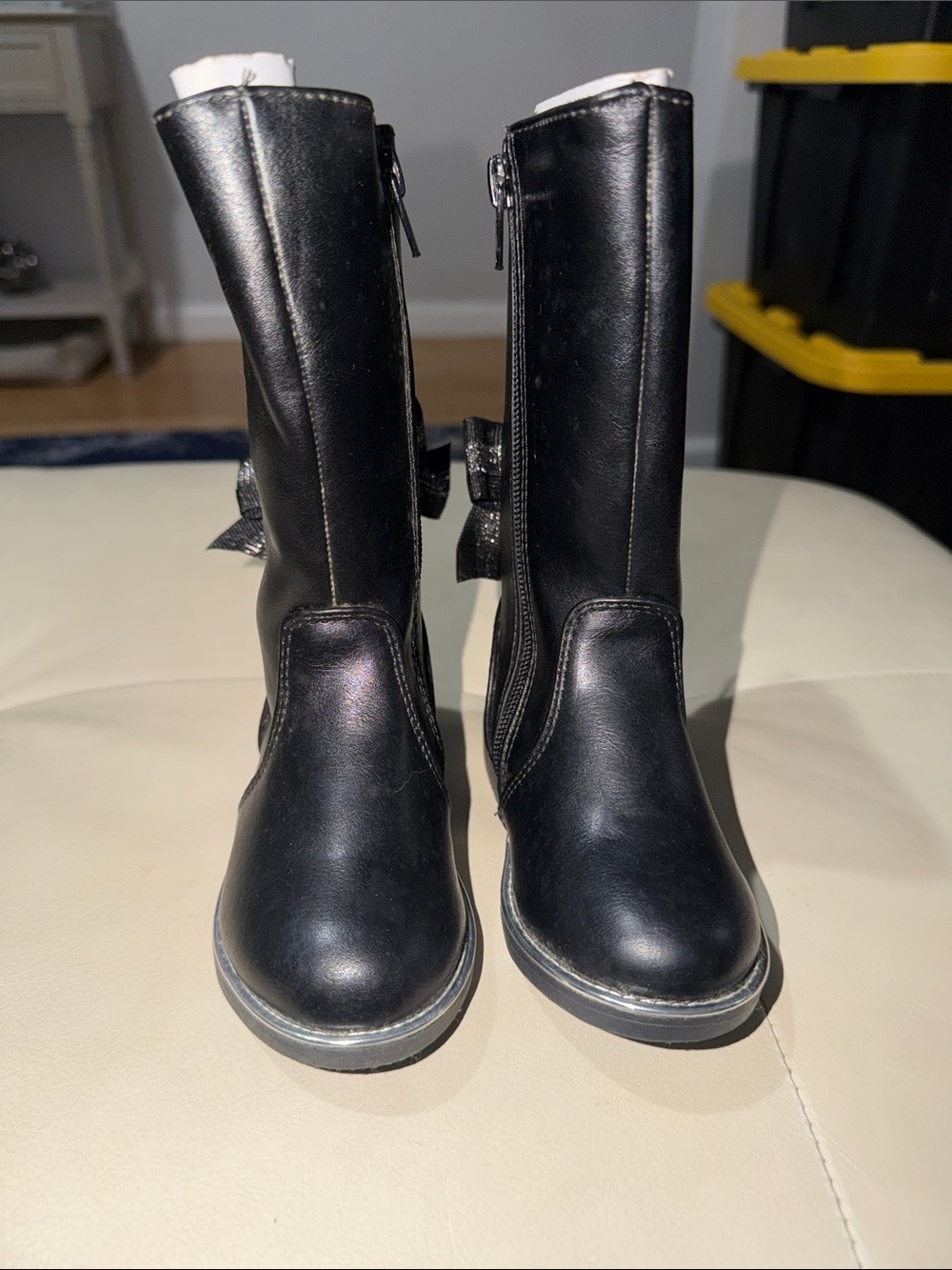 Kids Black Bow-Accent Mid-Calf Boots